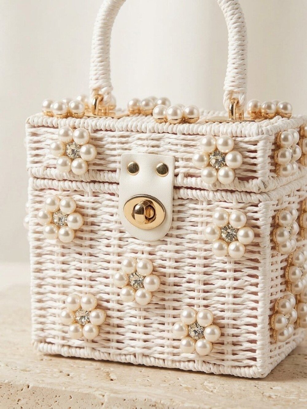 Sugar Pearl Bloom Woven Wicker Top Handle Purse - Picture 3 of 6